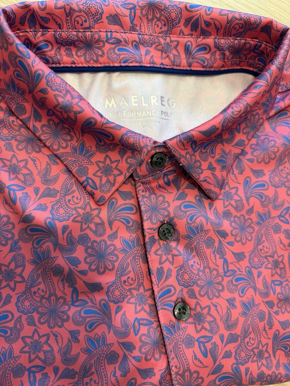 Maelreg Performance Polo Men XL Pink Blue Floral Paisley Stretch Golf Shirt